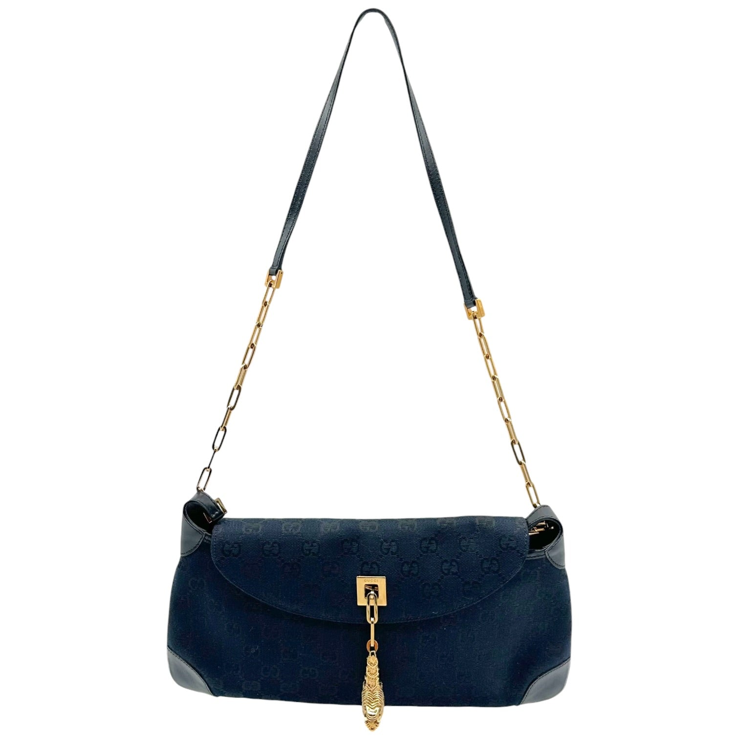 Gucci Shoulder Bag Black Monogram Gold Chain Tiger Charm