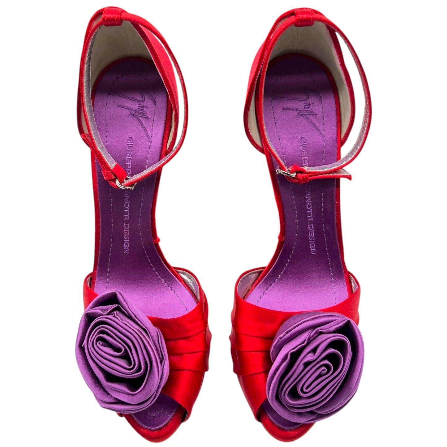 Giuseppe Zanotti Red & Purple Satin Rose Sandal Heels