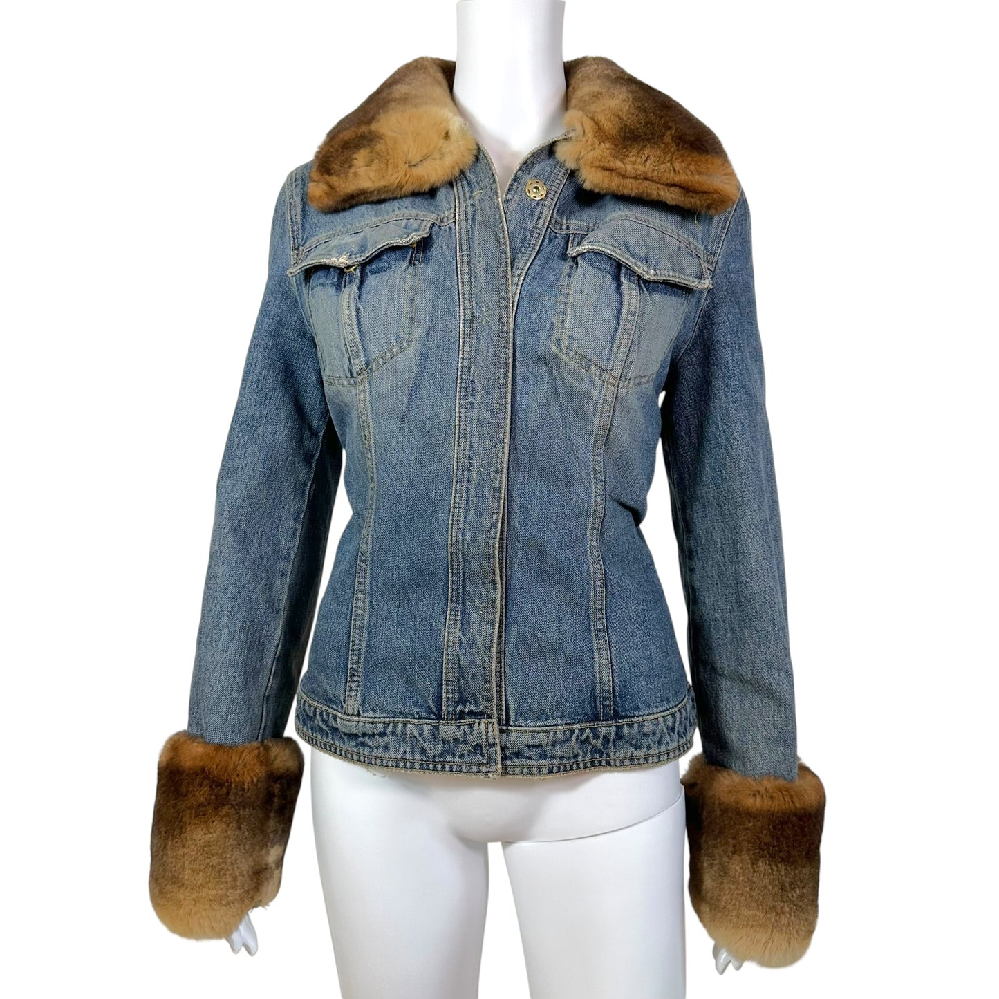 Dolce & Gabbana Brown Rabbit Fur Trim Denim Jacket