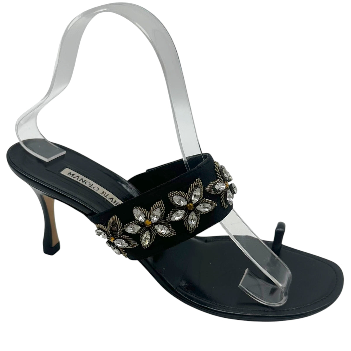 Manolo Blahnik Black Beaded Strap Kitten Heel Sandals