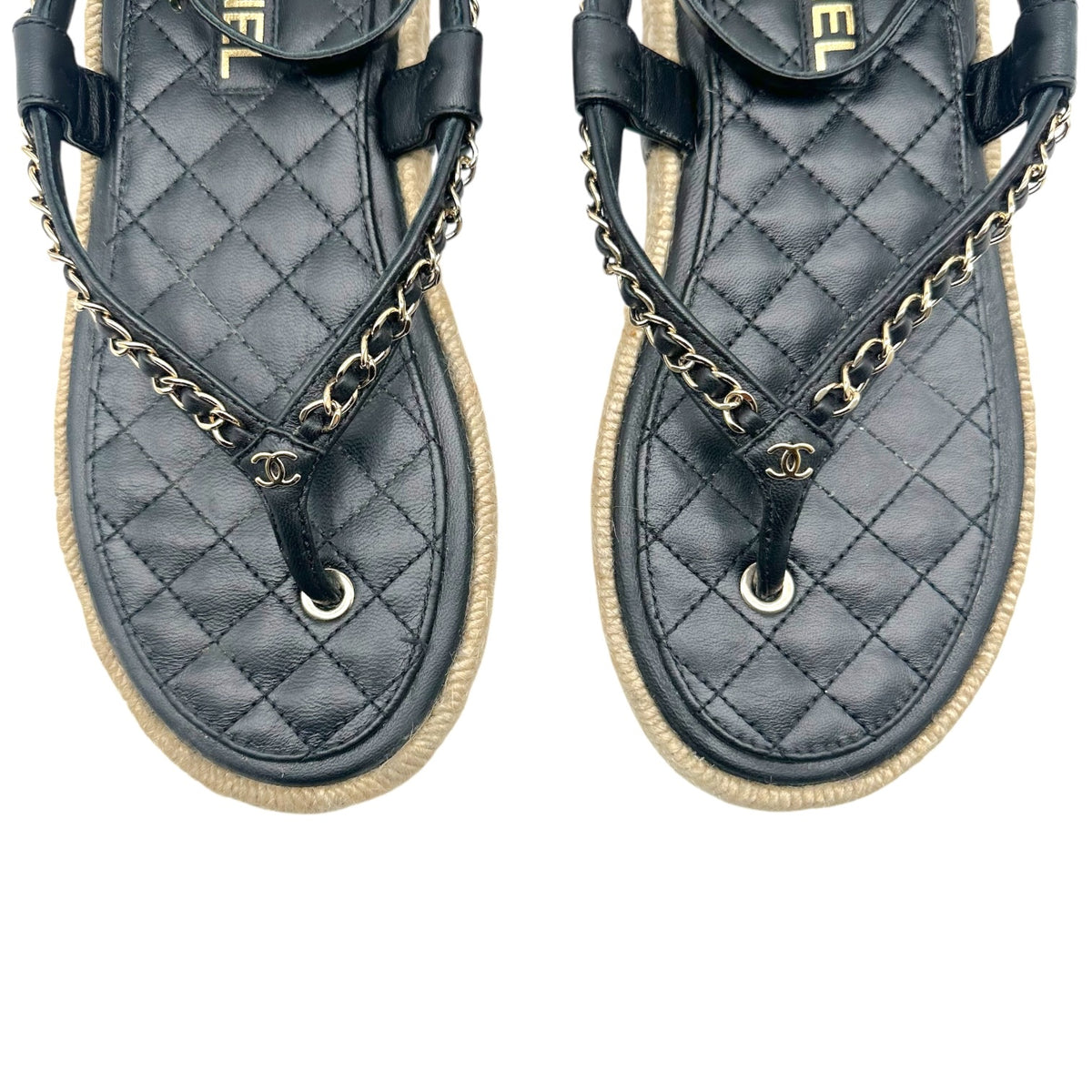 Chanel Black Leather & Jute Gold Chain Thong Flat Sandals