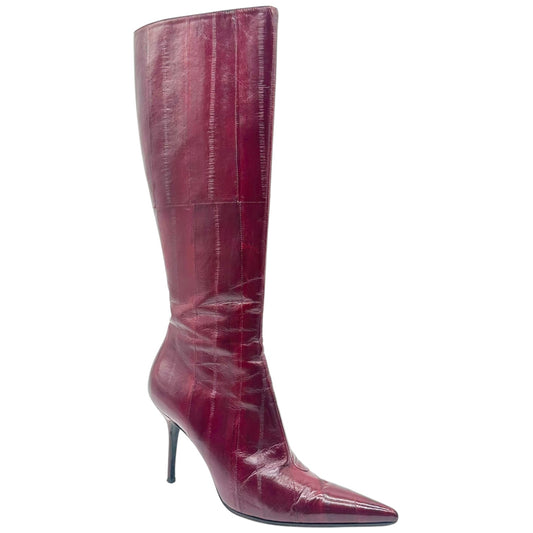 Dolce & Gabbana Burgundy Eel Skin Pointed Toe Knee High Heeled Boots