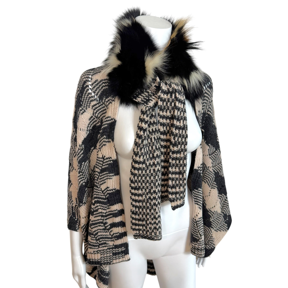 Missoni Knit Cape Pink Black Fox Fur Collar