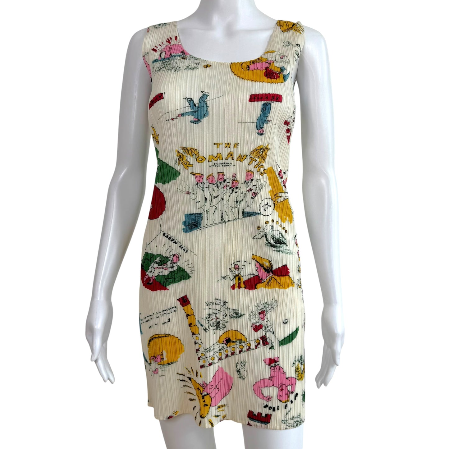 Issey Miyake Pleats Please x Terry Johnson White Multicolor Doodle Print Pleated Mini Dress Sz 4