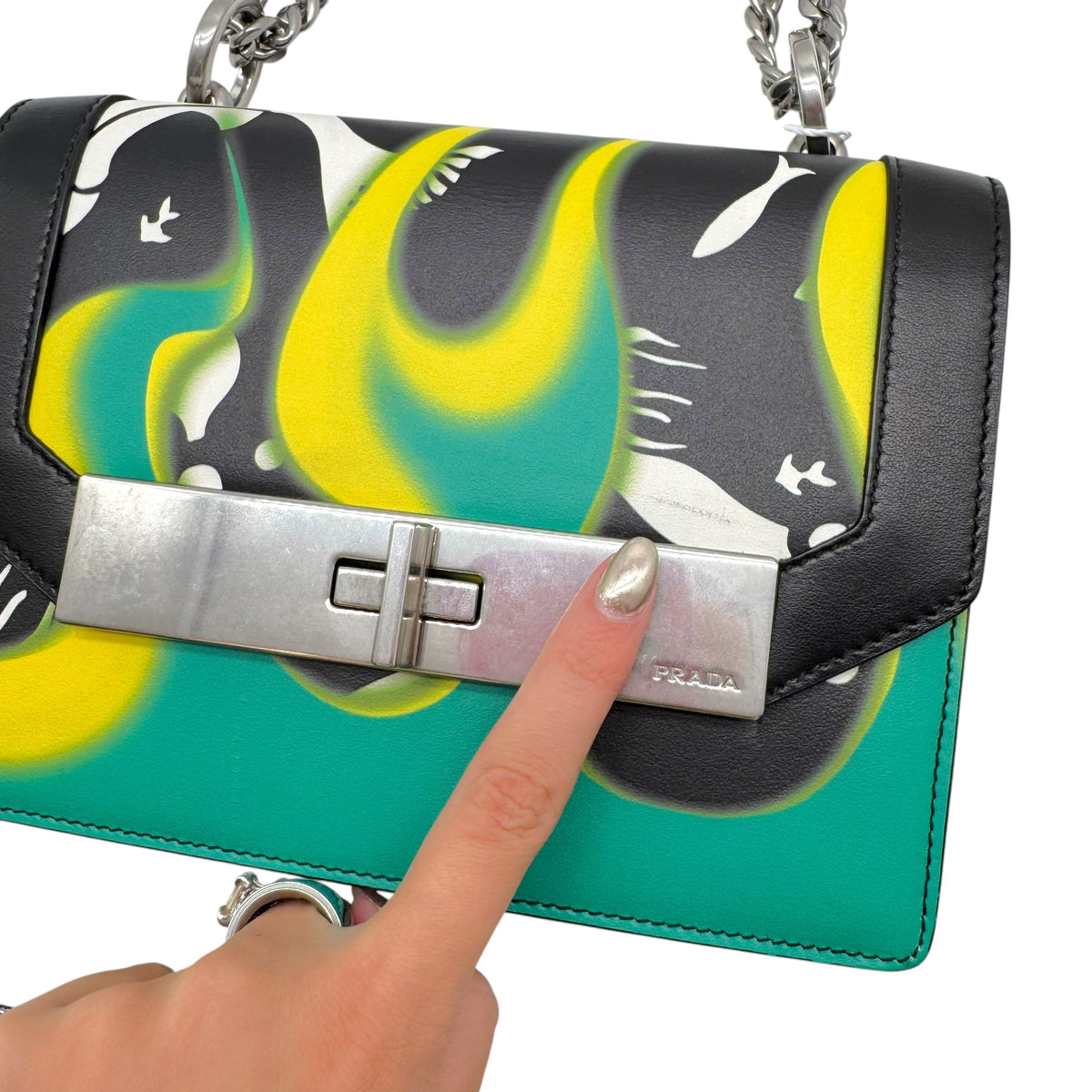 Prada Shoulder Bag Green Yellow Flame Print Leather