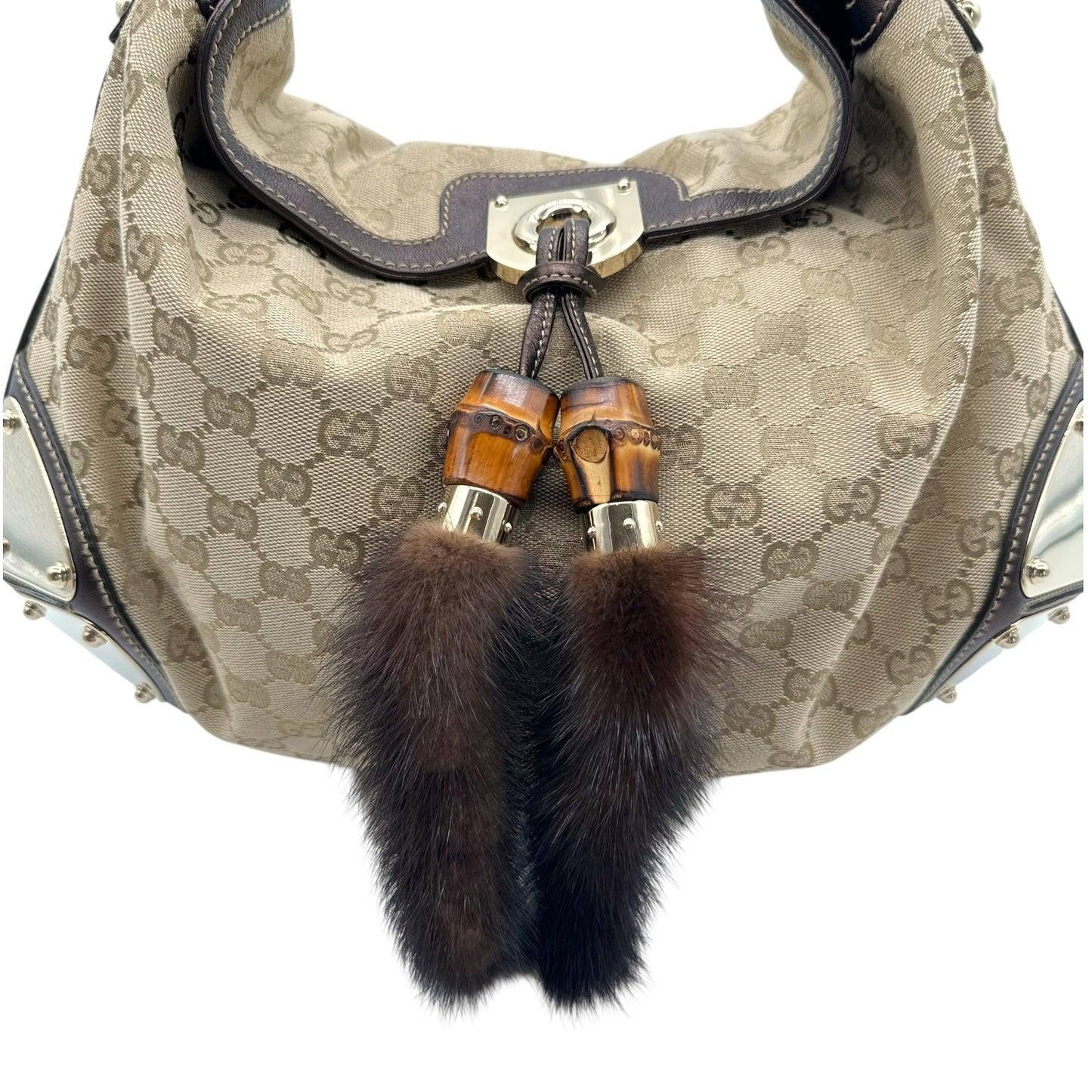 Gucci Classic Monogram Canvas Mink & Bamboo Indy 2-Way Bag RARE - Outfit Repeater