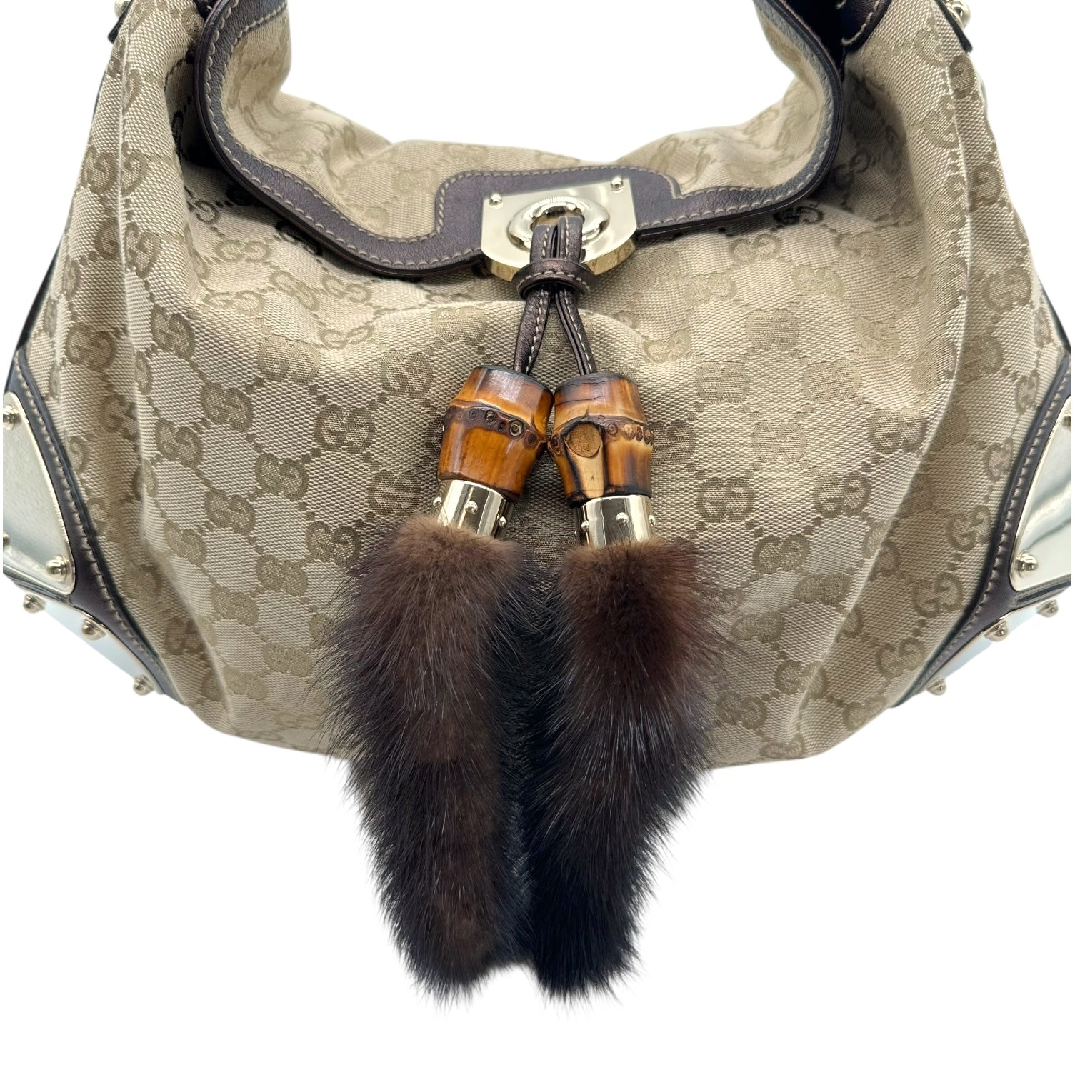 Gucci Classic Monogram Canvas Mink & Bamboo Indy 2-Way Bag RARE - Outfit Repeater