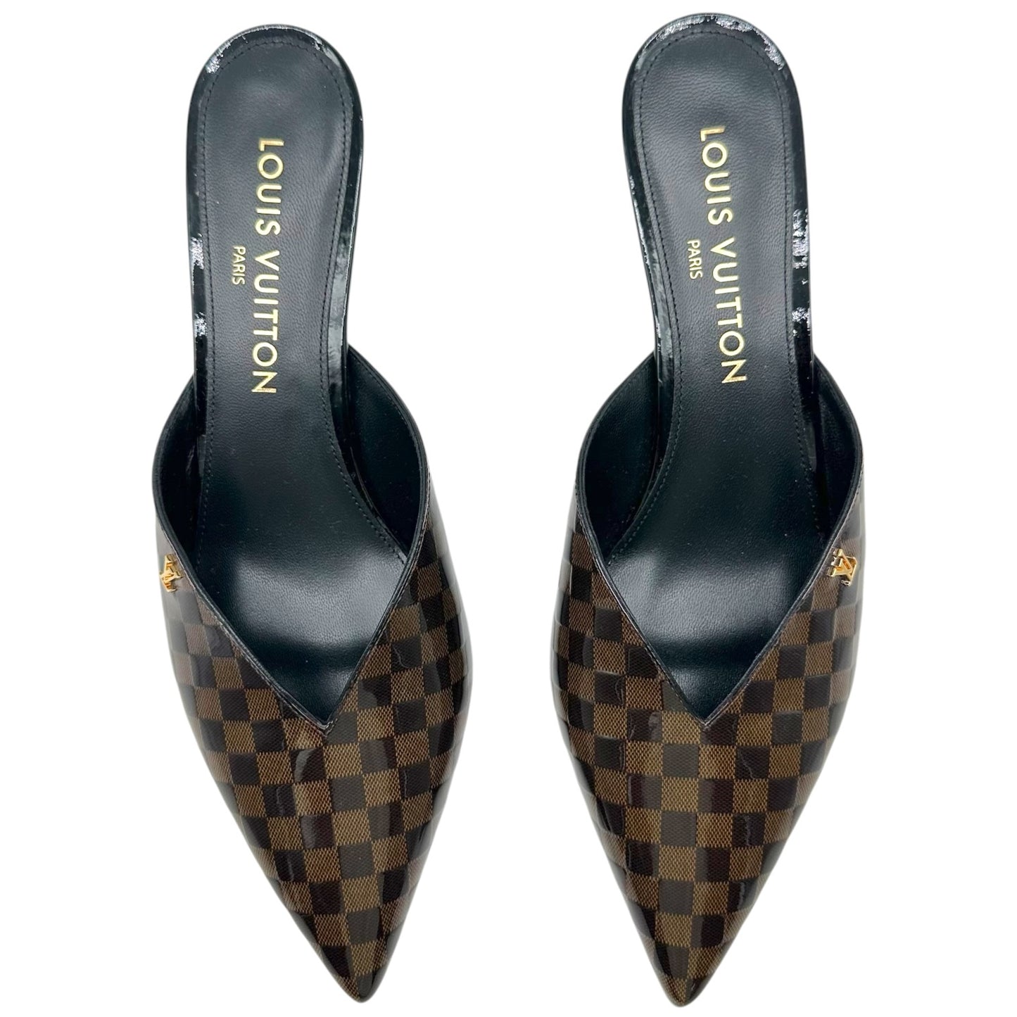 Louis Vuitton Damier Ebene Patent Pointed Toe Kitten Heel Mules