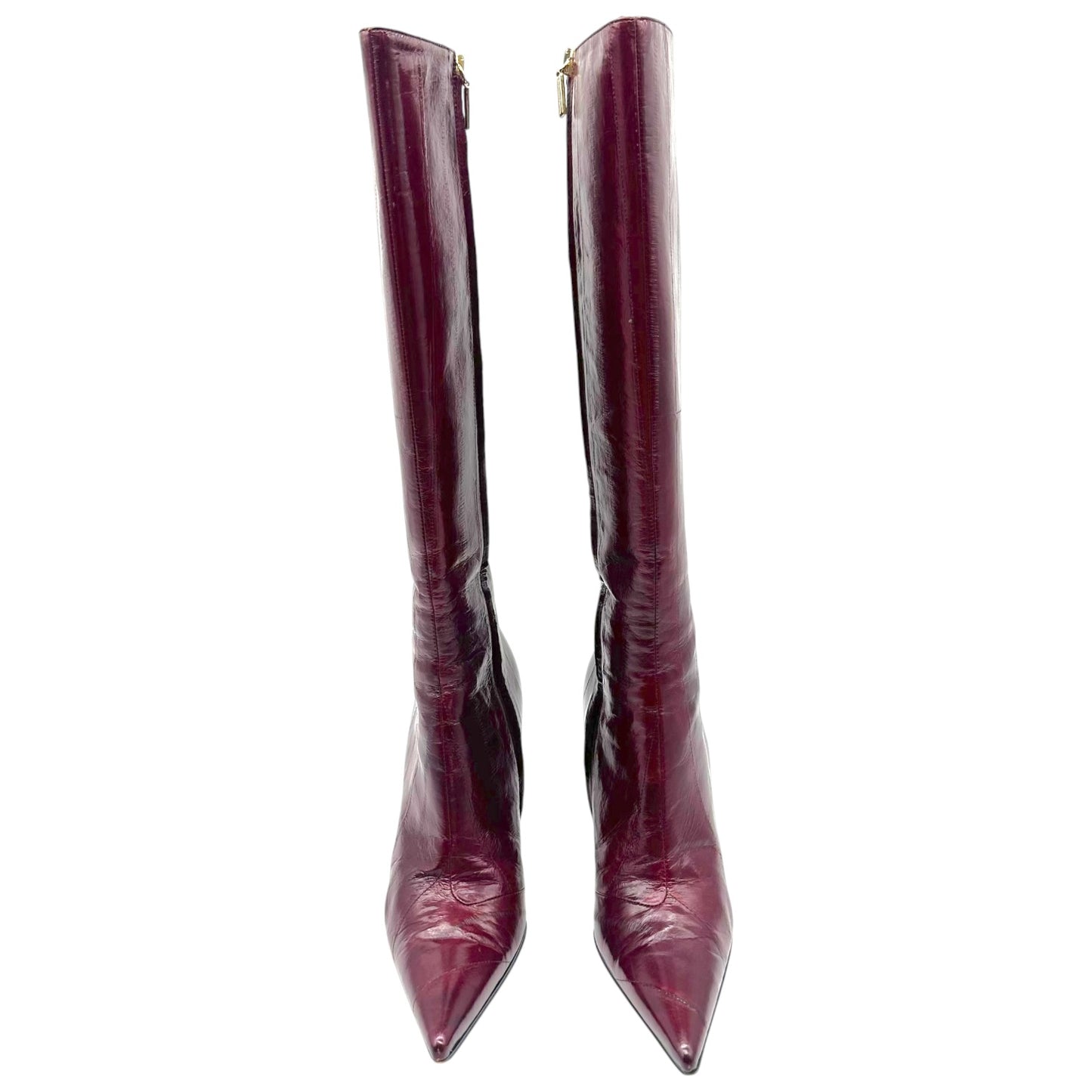 Dolce & Gabbana Burgundy Eel Skin Pointed Toe Knee High Heeled Boots