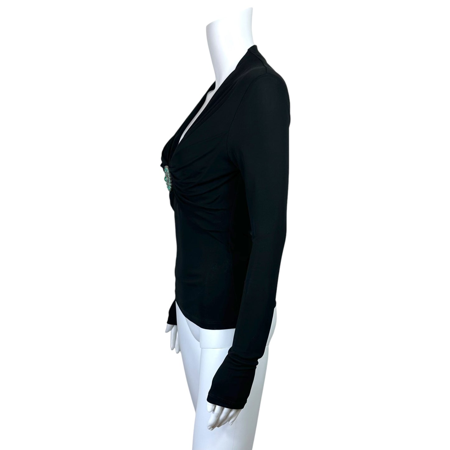 Roberto Cavalli Black V-Neck Blouse w/ Silver & Turquoise Applique