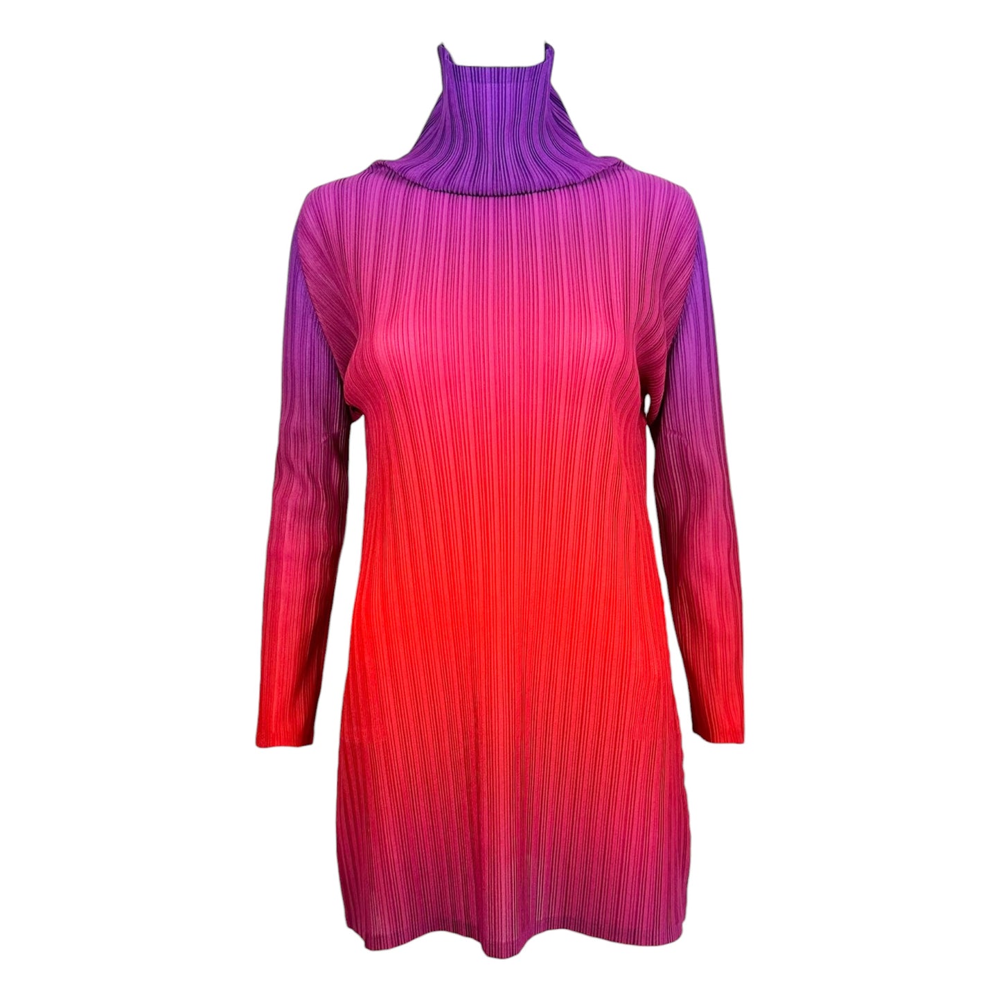 Issey Miyake Pleats Please Ombre Purple & Red Mock Neck Mini Dress