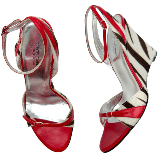Dolce & Gabbana Zebra Print Ponyhair Red Leather Wedge Sandals