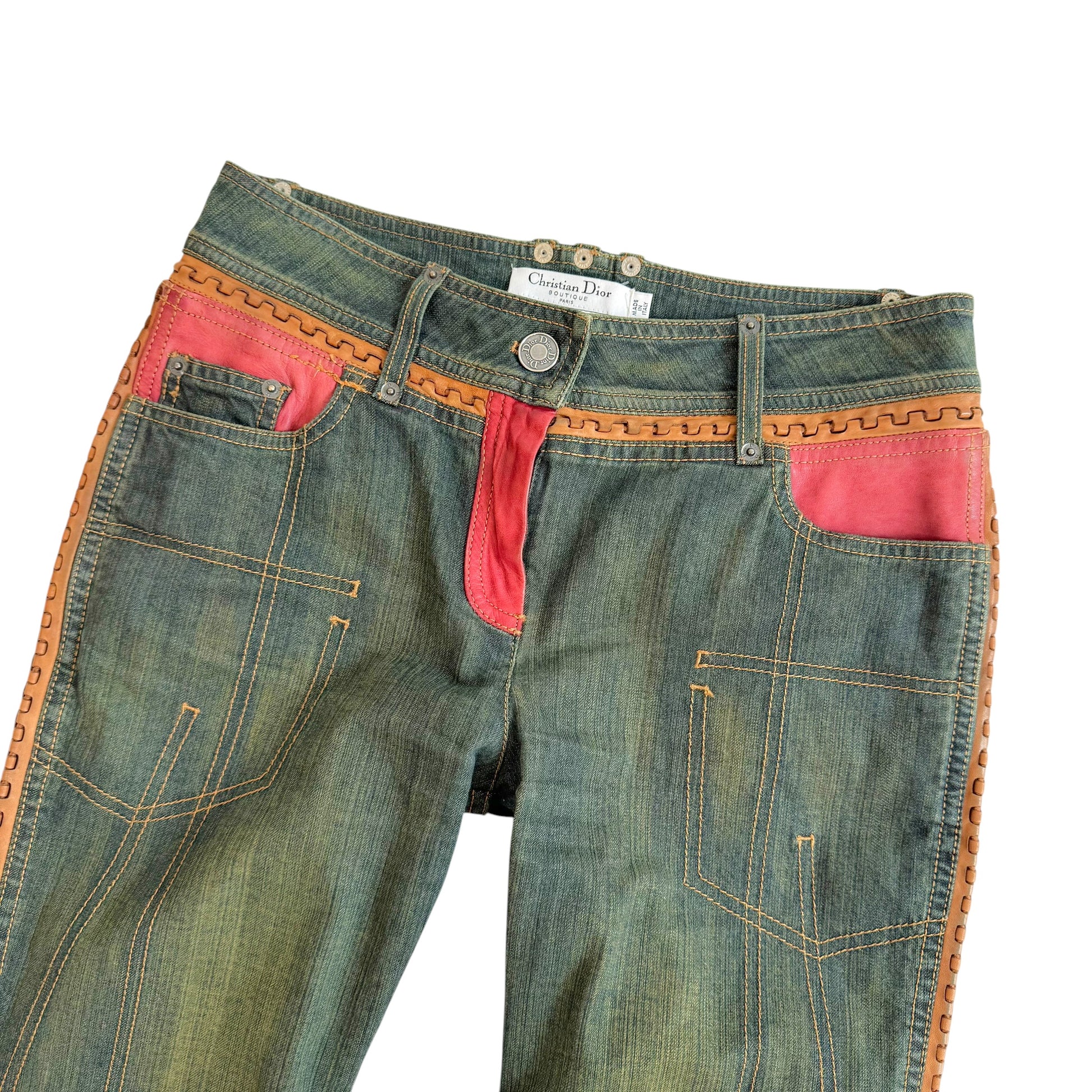 Christian Dior Denim Capri Pants Burgundy Leather Trim