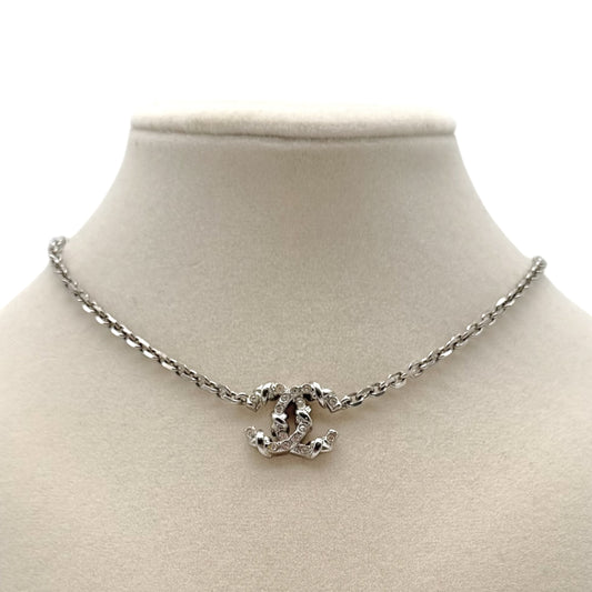 Chanel Silver Crystal Embellished CC Logo Choker Necklace