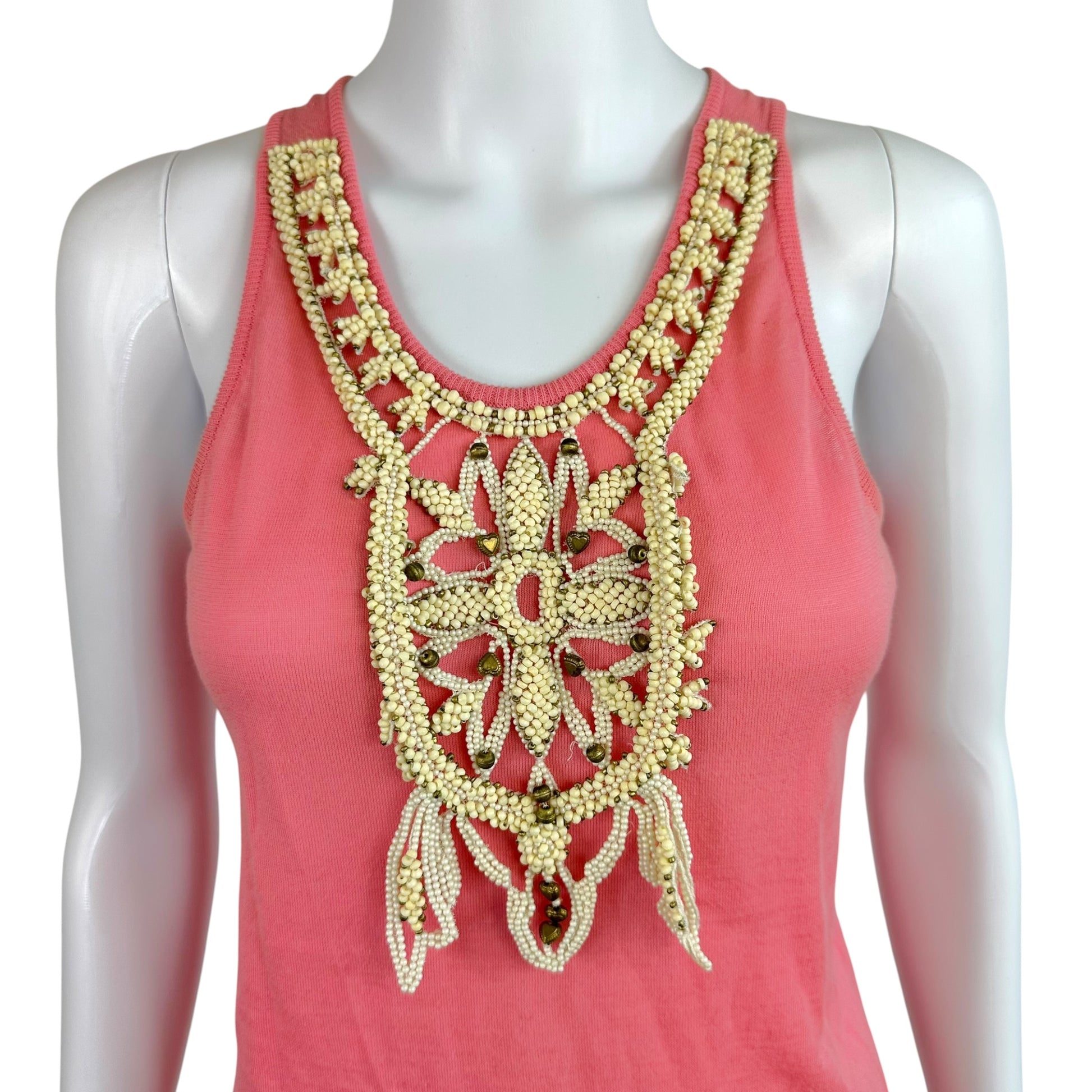 Chloe Tank Top Pink Ivory Beaded Neckline Sleeveless