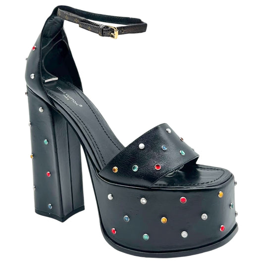 Louis Vuitton 2023 Multicolor Rhinestone Studded Black Leather Platform Sandals