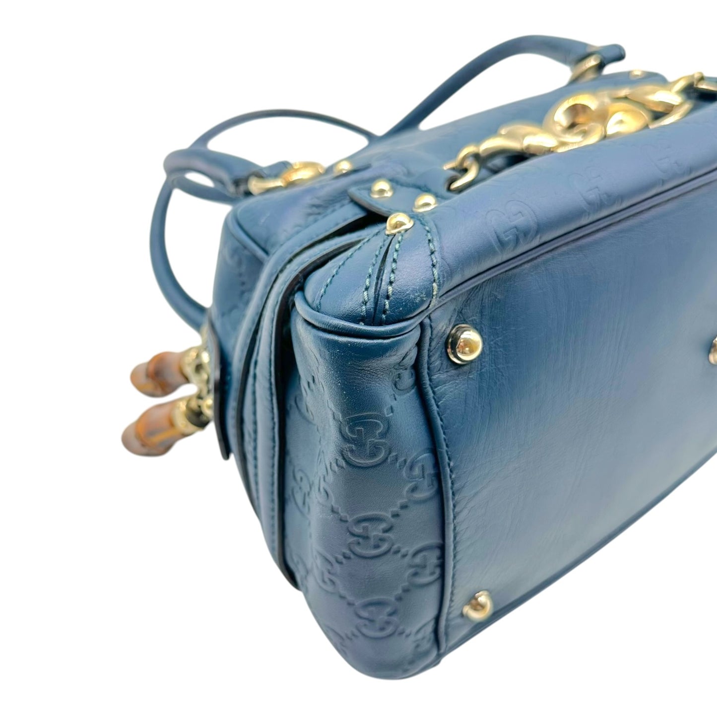 Gucci Navy Blue & Gold Bamboo Guccissima Monogram East-West Shoulder Bag