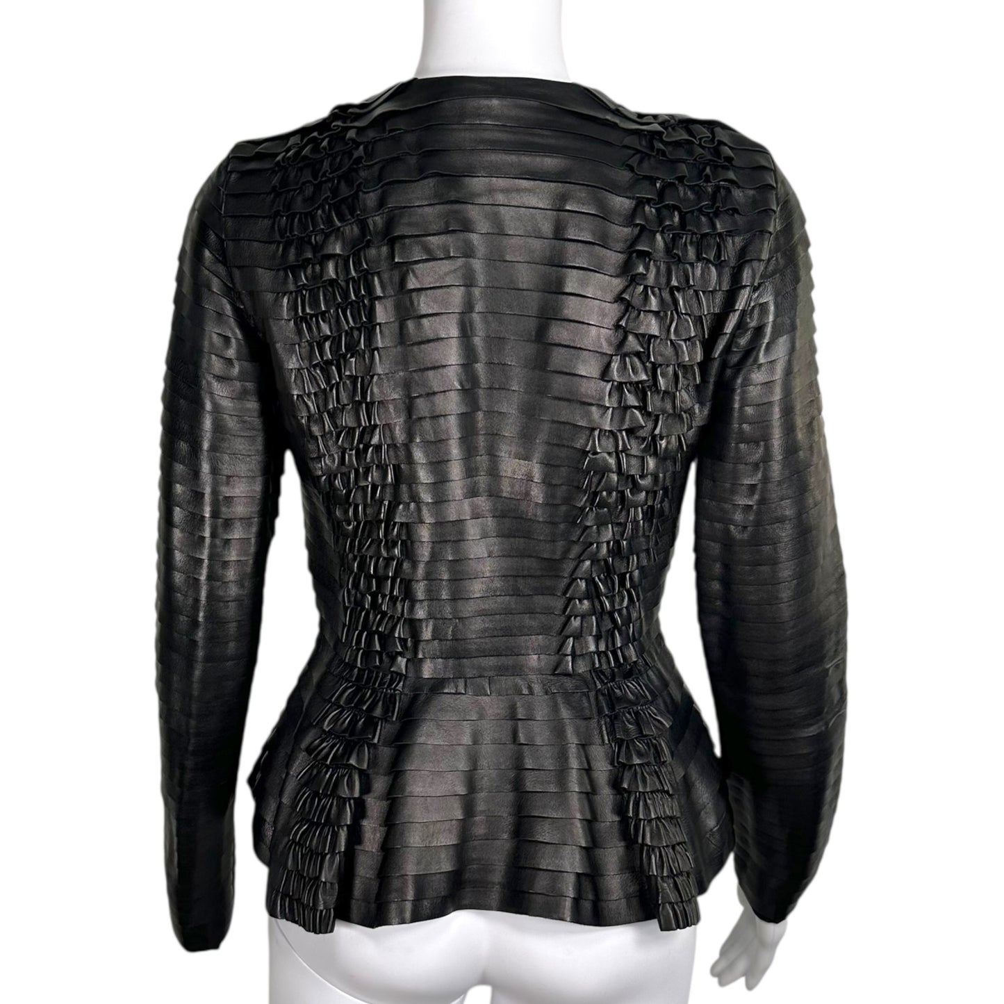 Gucci Black Lambskin Leather Ruffle Peplum Jacket