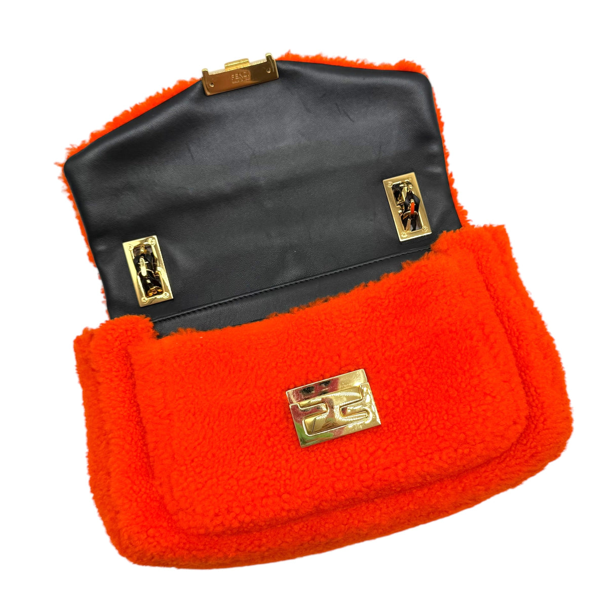 Fendi Bright Orange Shearling Be-Baguette 2-Way Bag