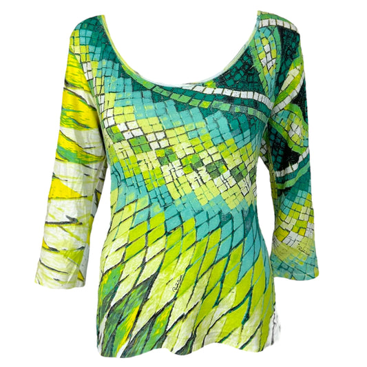 Roberto Cavalli S/S 2004 Green Lace Up Off Shoulder Feather Print Top