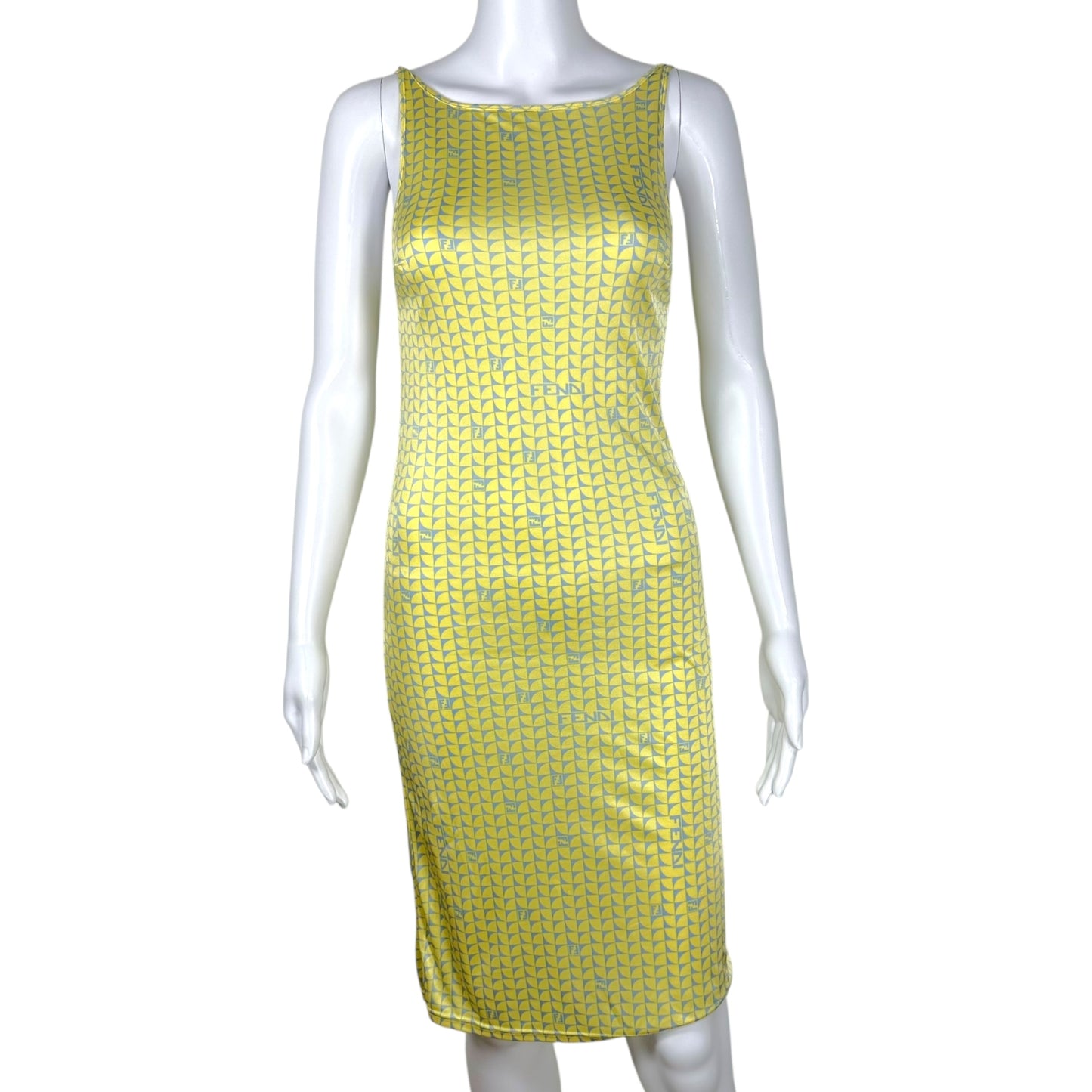 Fendi Yellow & Blue Monogram Printed Midi Slip Dress