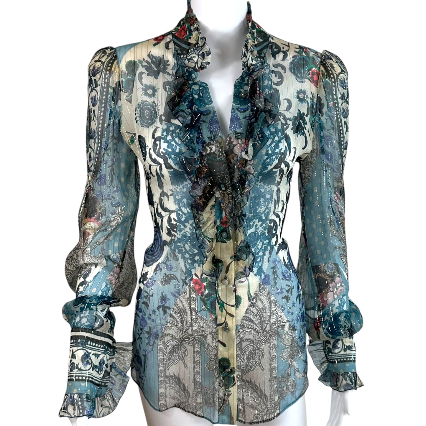Roberto Cavalli Blue Floral Print Metallis Sheer Blouse
