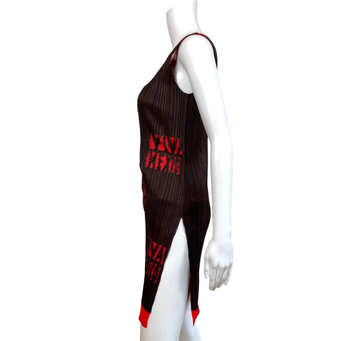Issey Miyake Pleats Please Brown & Red 'Viva Mexico" Cut-Out Pleated Mini Dress Sz 5