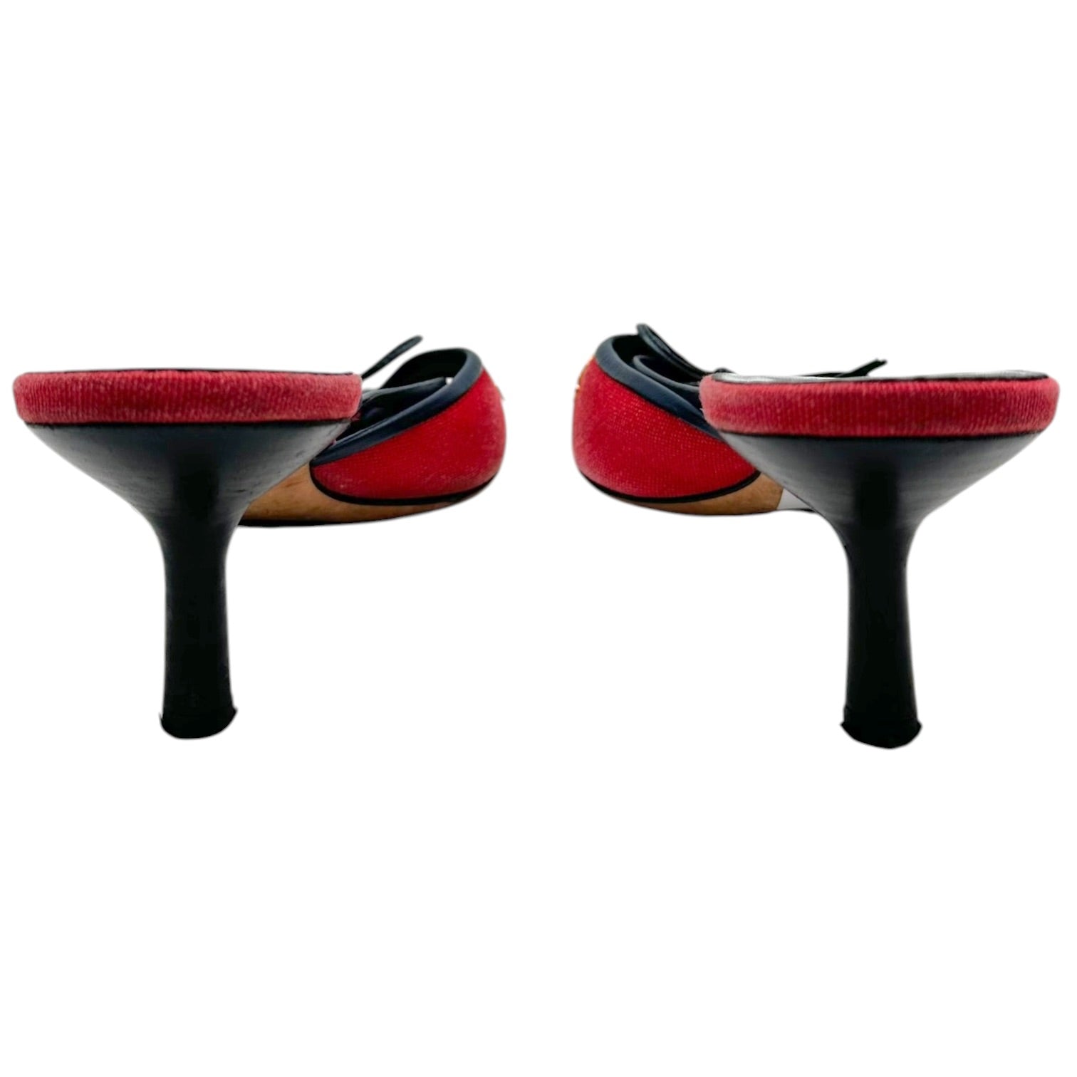 Chanel Red Navy Kitten Heel Mules Gold Clover Charms