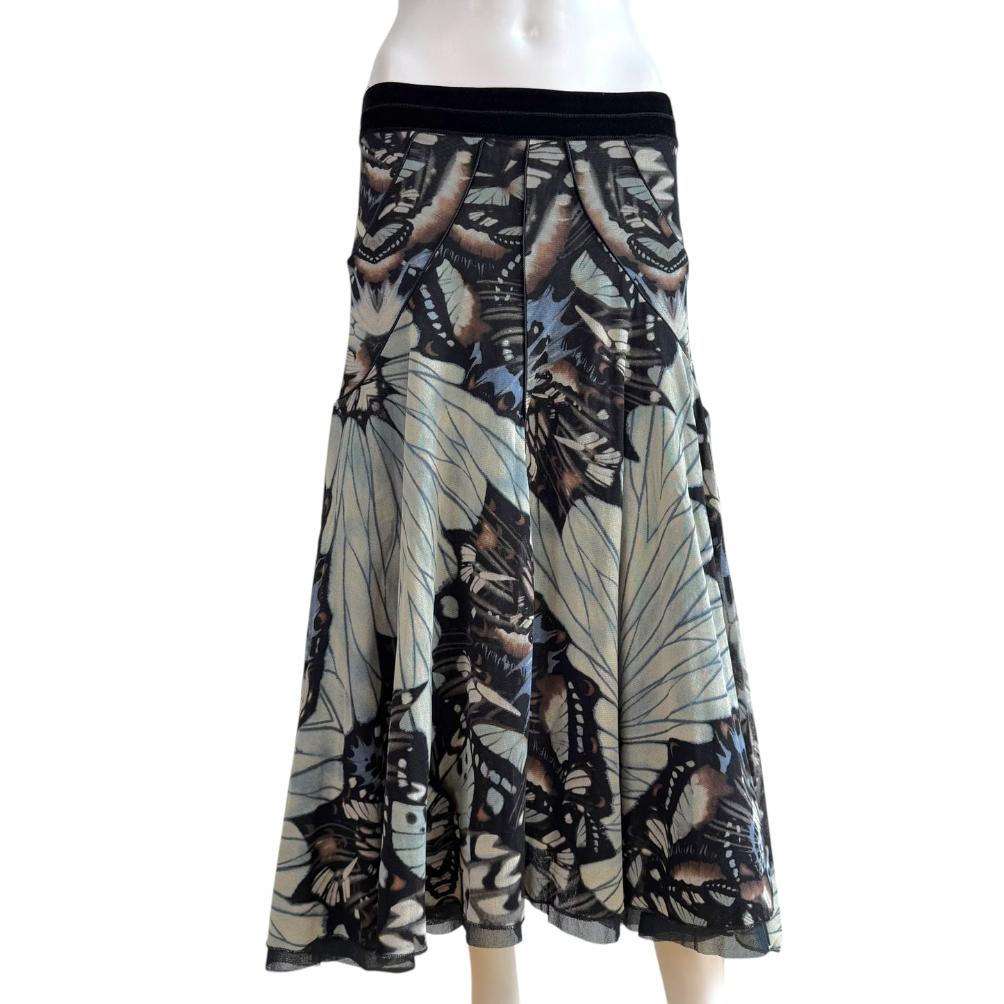 Jean Paul Gaultier Soliel Blue & Black Butterfly Print Mesh Midi Skirt NEW