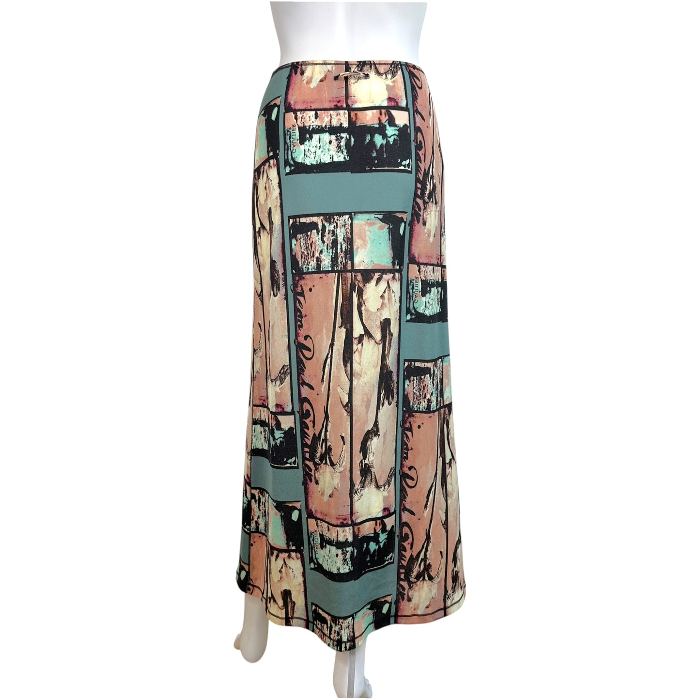 Jean Paul Gaultier Teal Blue & Pink Logo Print Maxi Skirt