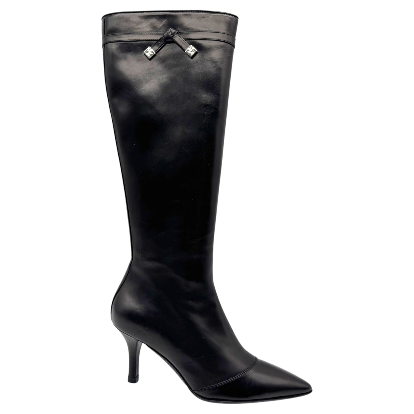 Louis Vuitton Black Leather LV Logo Bow Heeled Knee High Pointed Toe Boots