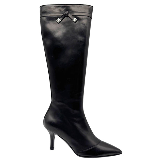 Louis Vuitton Black Leather LV Logo Bow Heeled Knee High Pointed Toe Boots