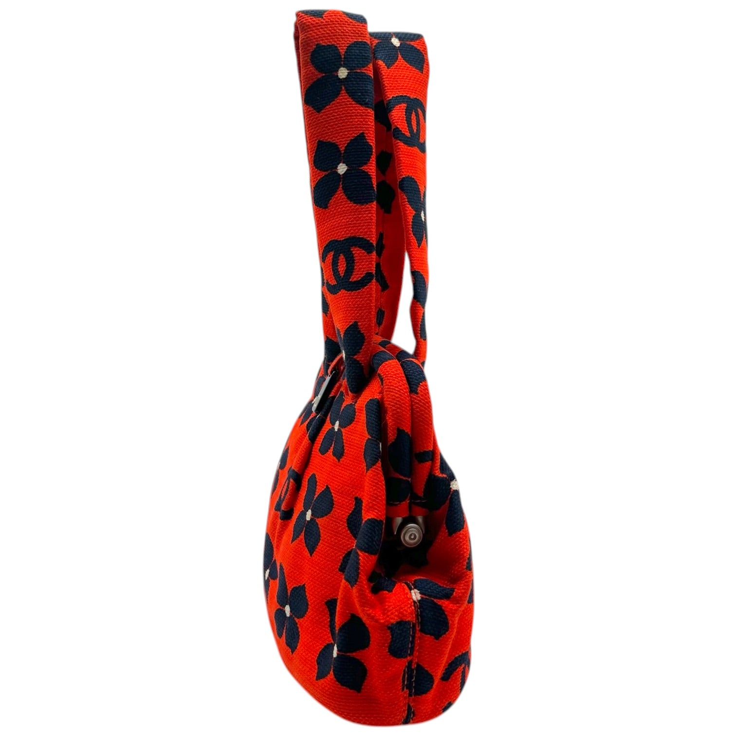 Chanel Kisslock Handbag Bright Red Navy Clover Print