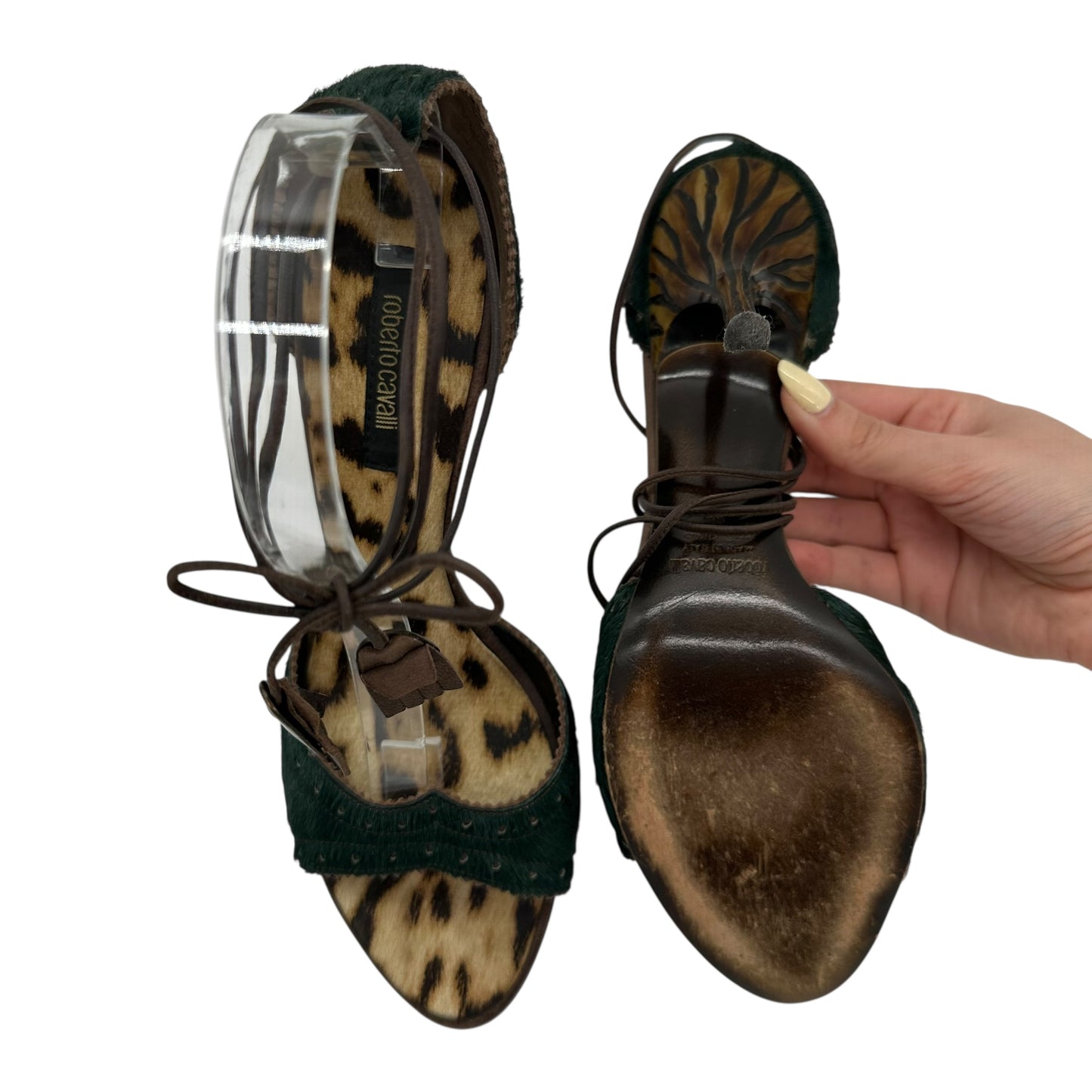 Roberto Cavalli Dark Green Ponyhair Wrap Heels - Outfit Repeater