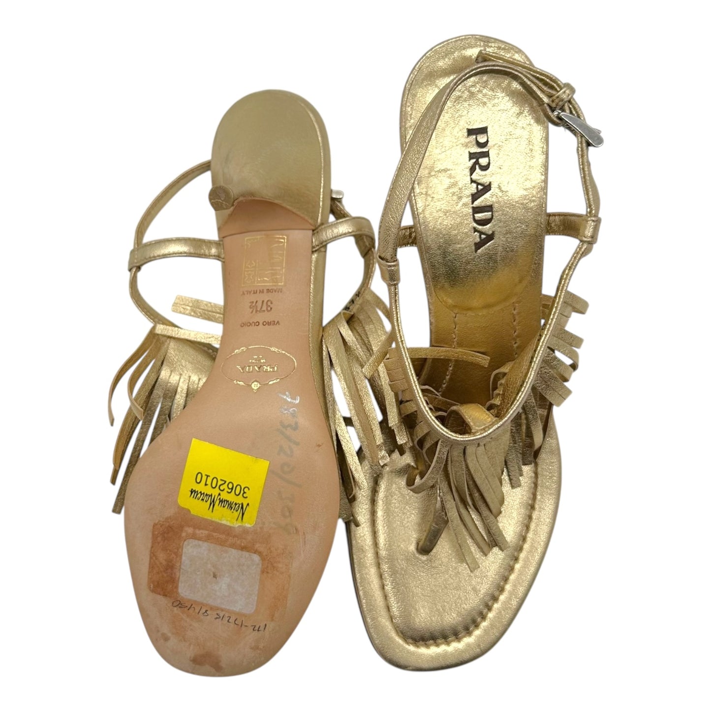 Prada Gold Fringe Kitten Heel Thong Sandals