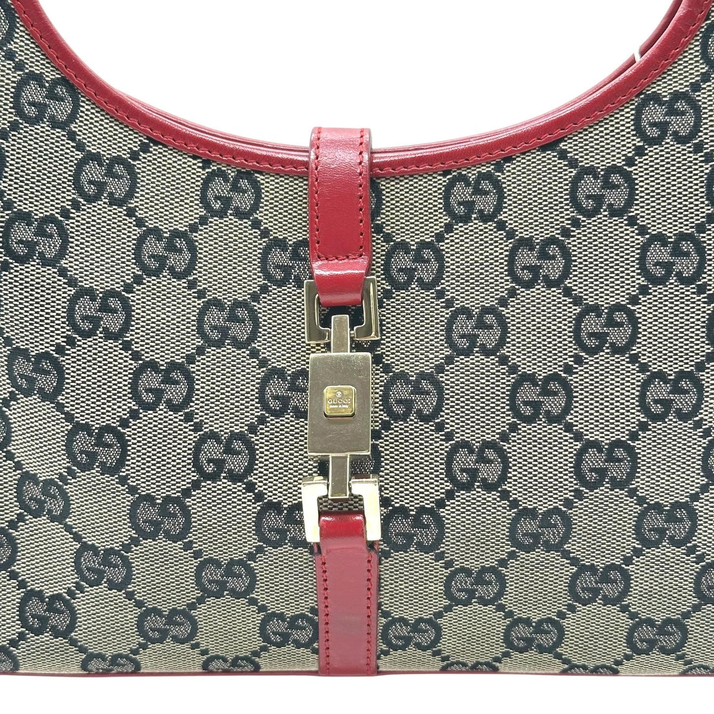 Gucci Gray Monogram & Red Leather Mini Jackie Bag