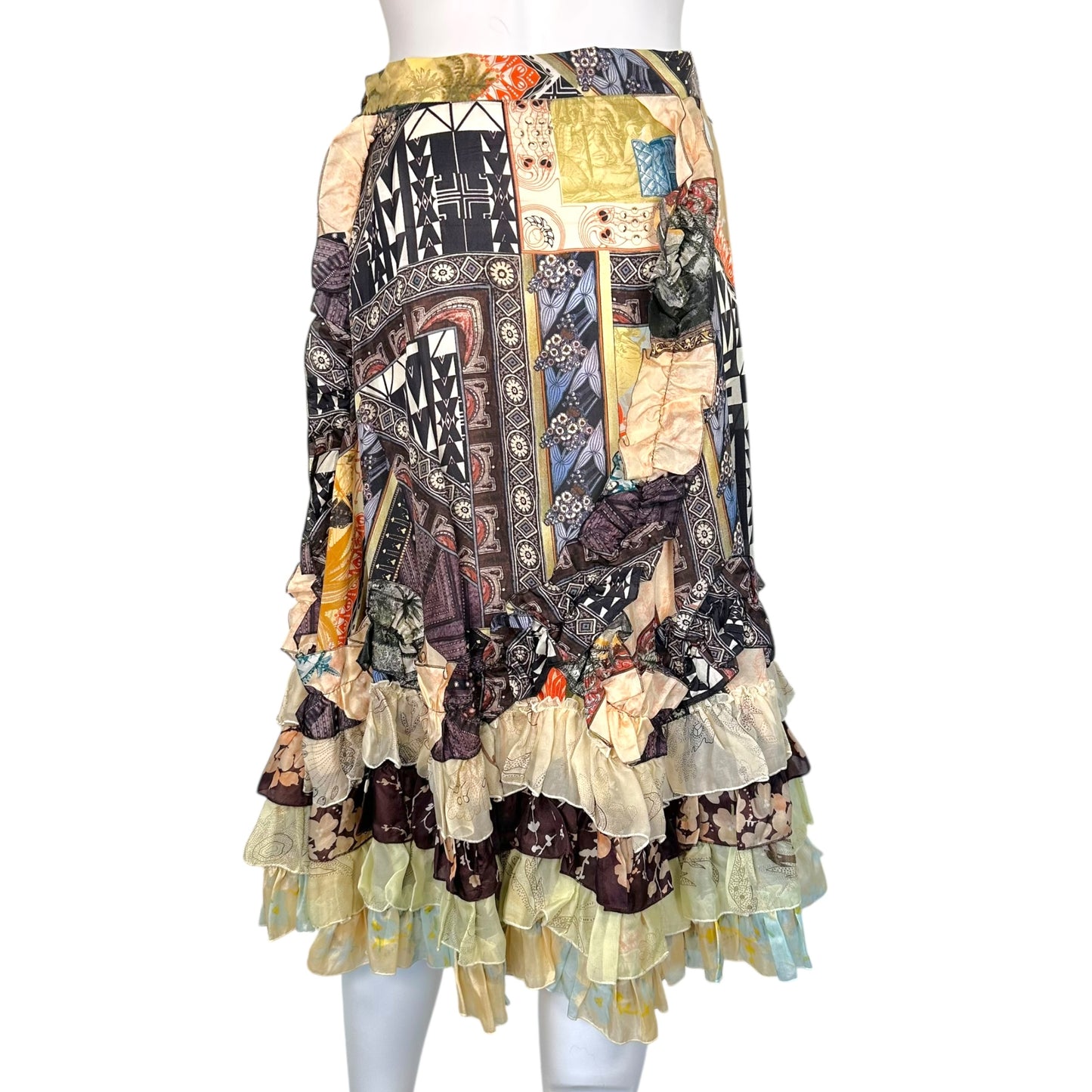 Christian Lacroix Multi-Print Tiered Silk Ruffle Midi Skirt