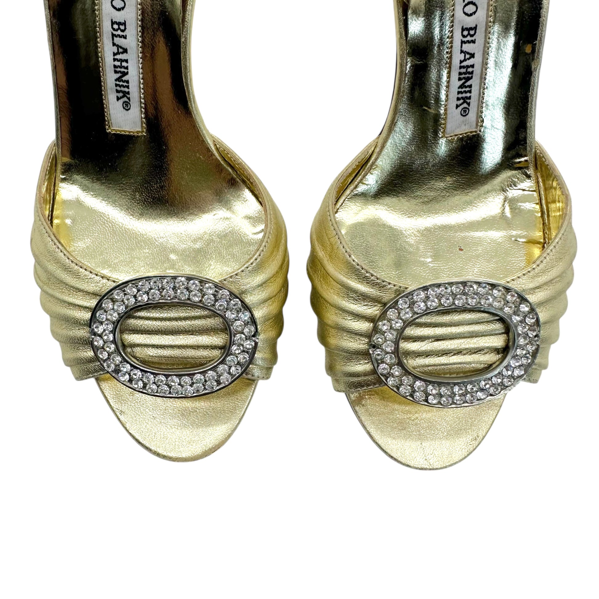 Manolo Blahnik Gold Leather & Rhinestone Slingback Heels - Outfit Repeater