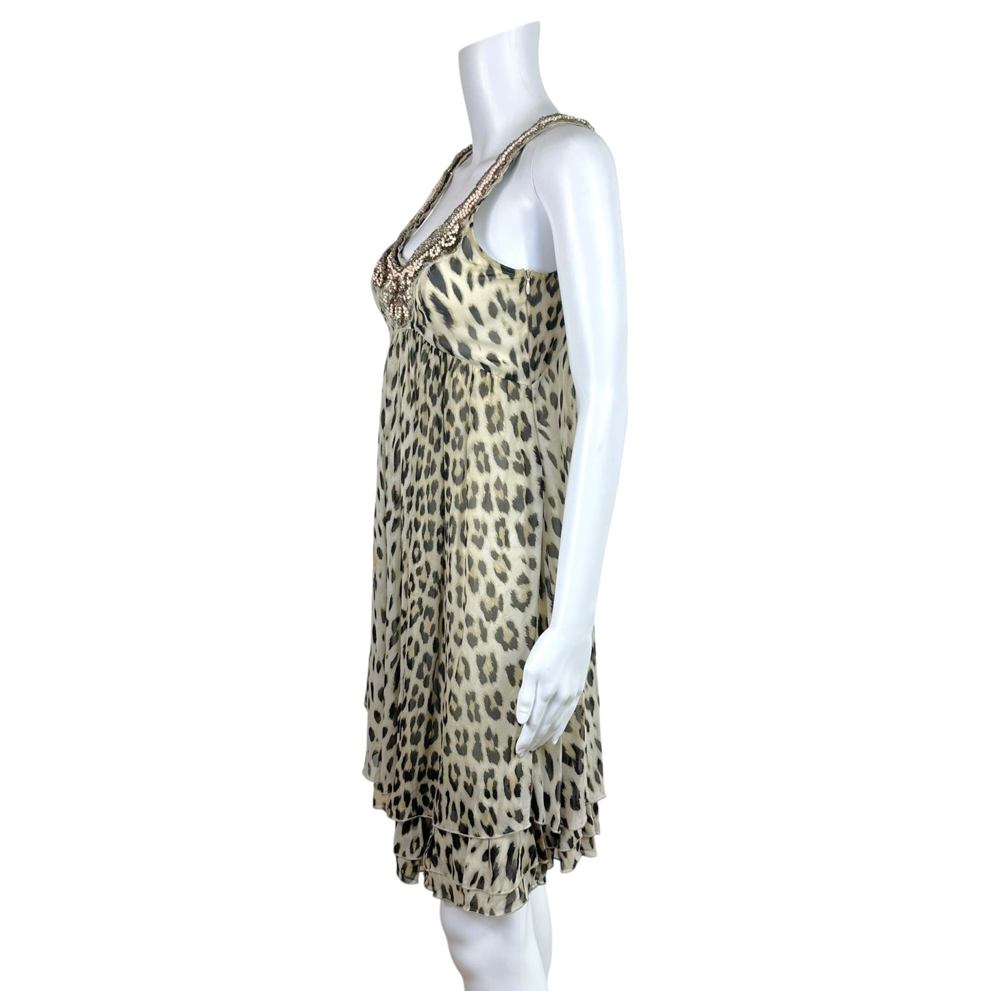 Blumarine Silk Mini Dress Leopard Print Beaded Scoop Neck