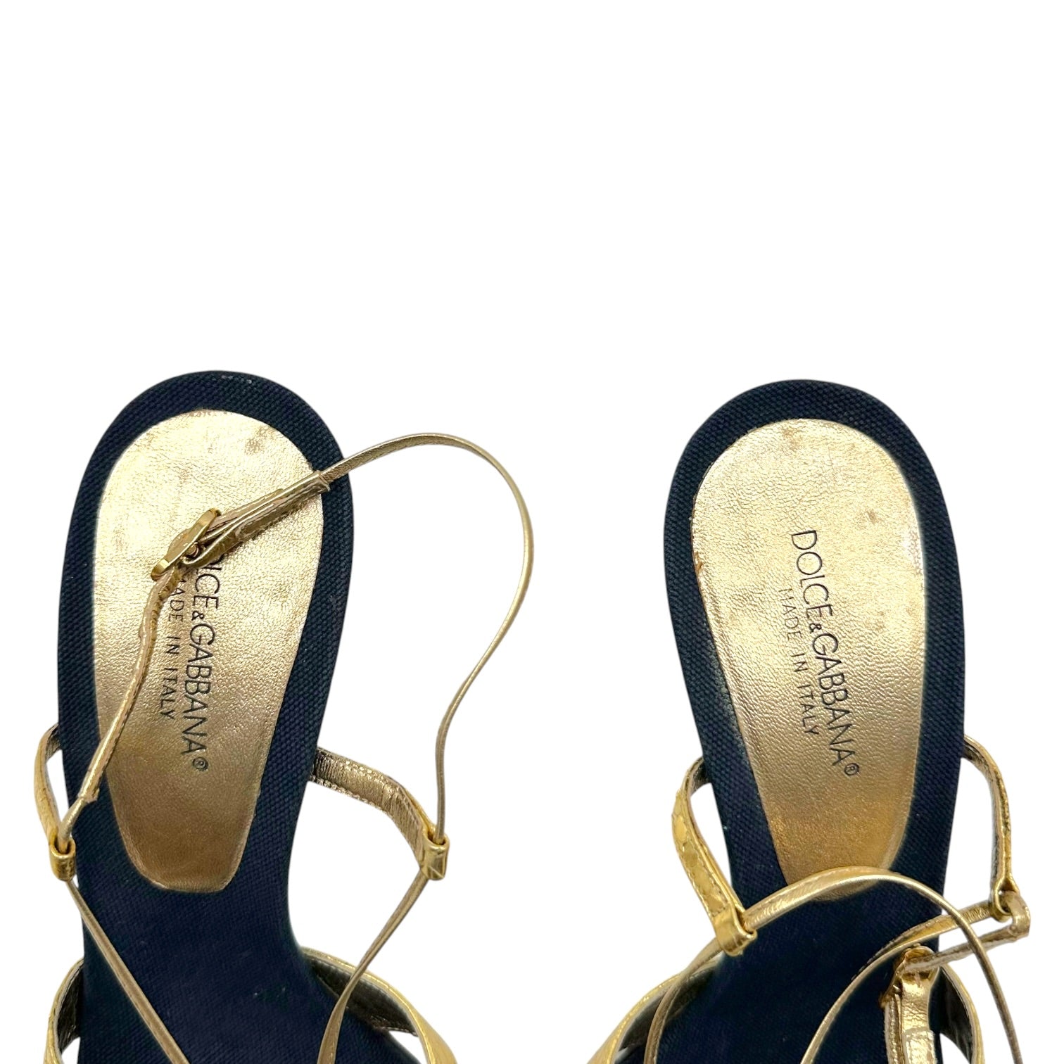 Dolce & Gabbana Dark Wash Denim Gold Python Strappy Heels