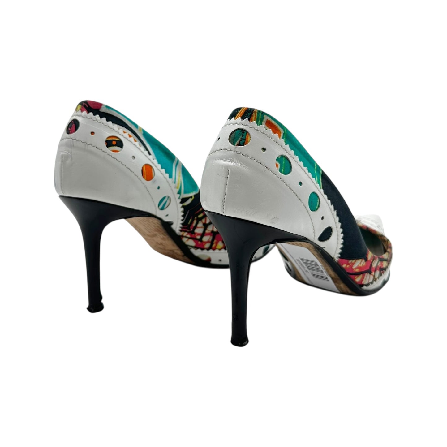 John Galliano Printed Silk & White Leather Pointed Heels