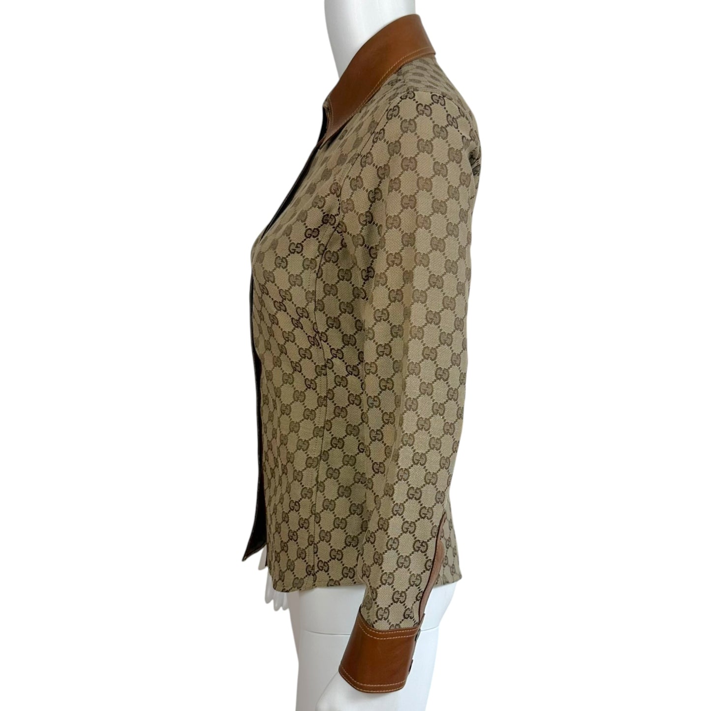 Gucci by Tom Ford 2000 Tan Monogram & Leather Button Up Shirt