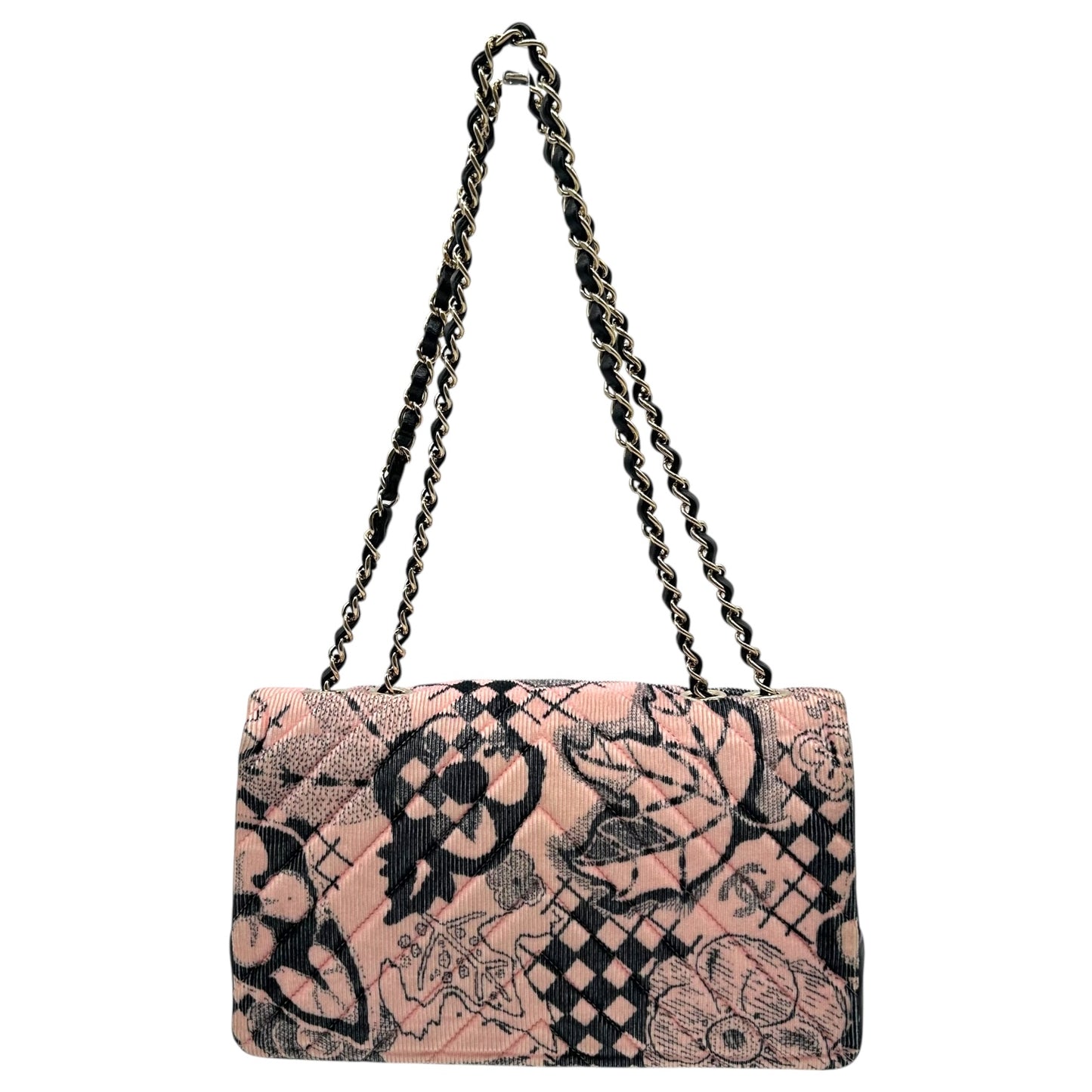 Chanel Pink & Black Corduroy Printed Limited Edition Flap Bag 2018-19