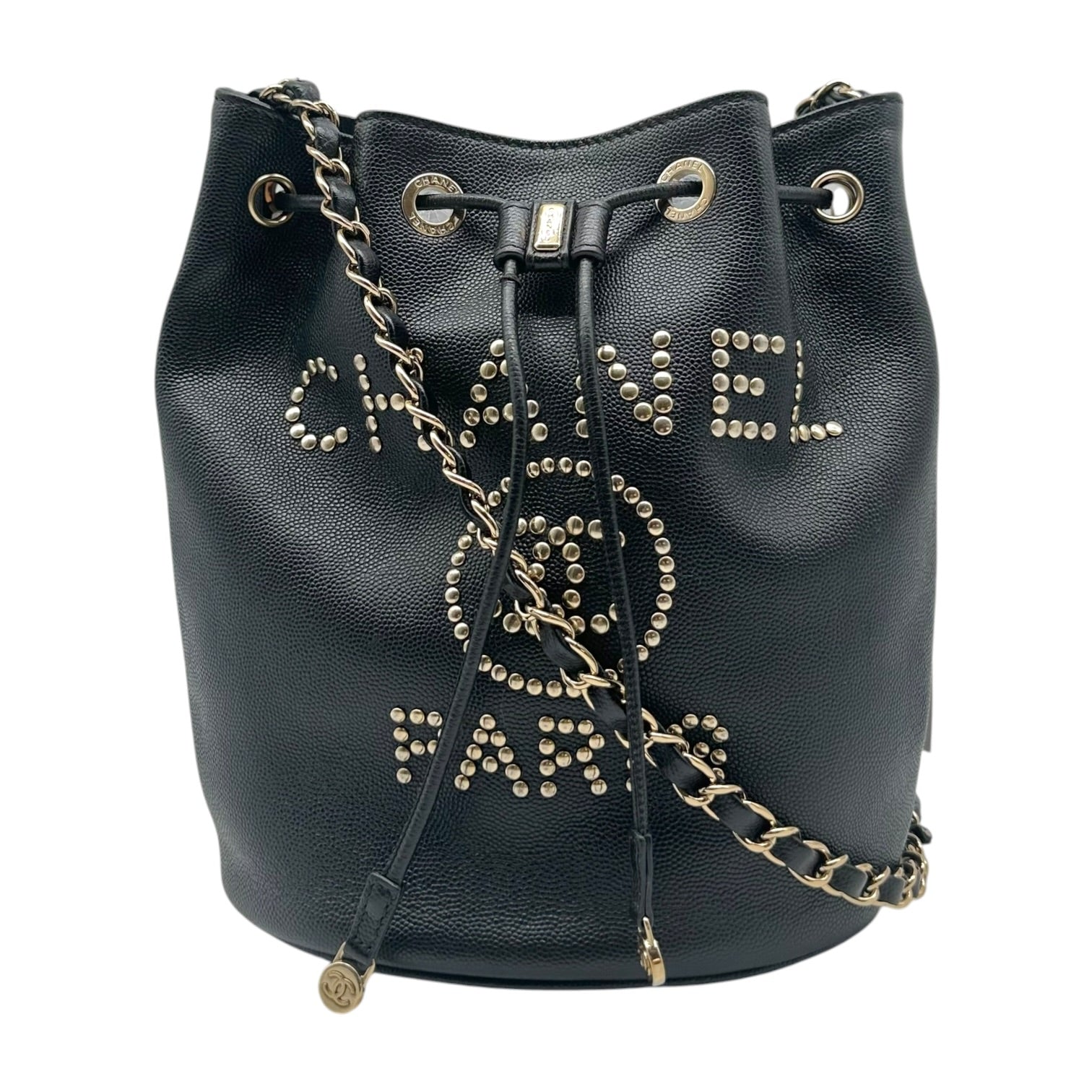 Chanel Black Caviar Bucket Bag Crossbody with Studded Logo