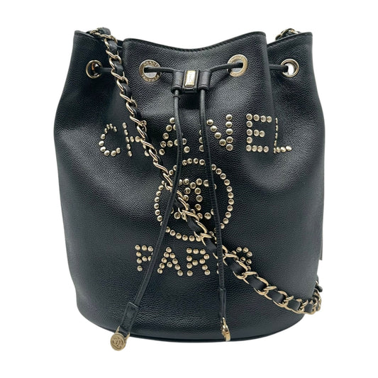 Chanel Black Caviar Bucket Bag Crossbody with Studded Logo