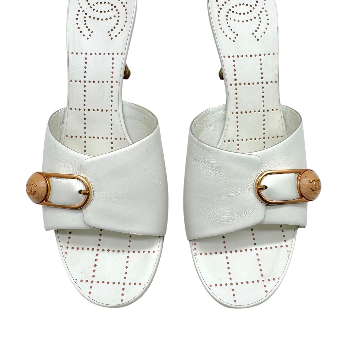 Chanel White Leather Platform Mule Heels with Safety Pin