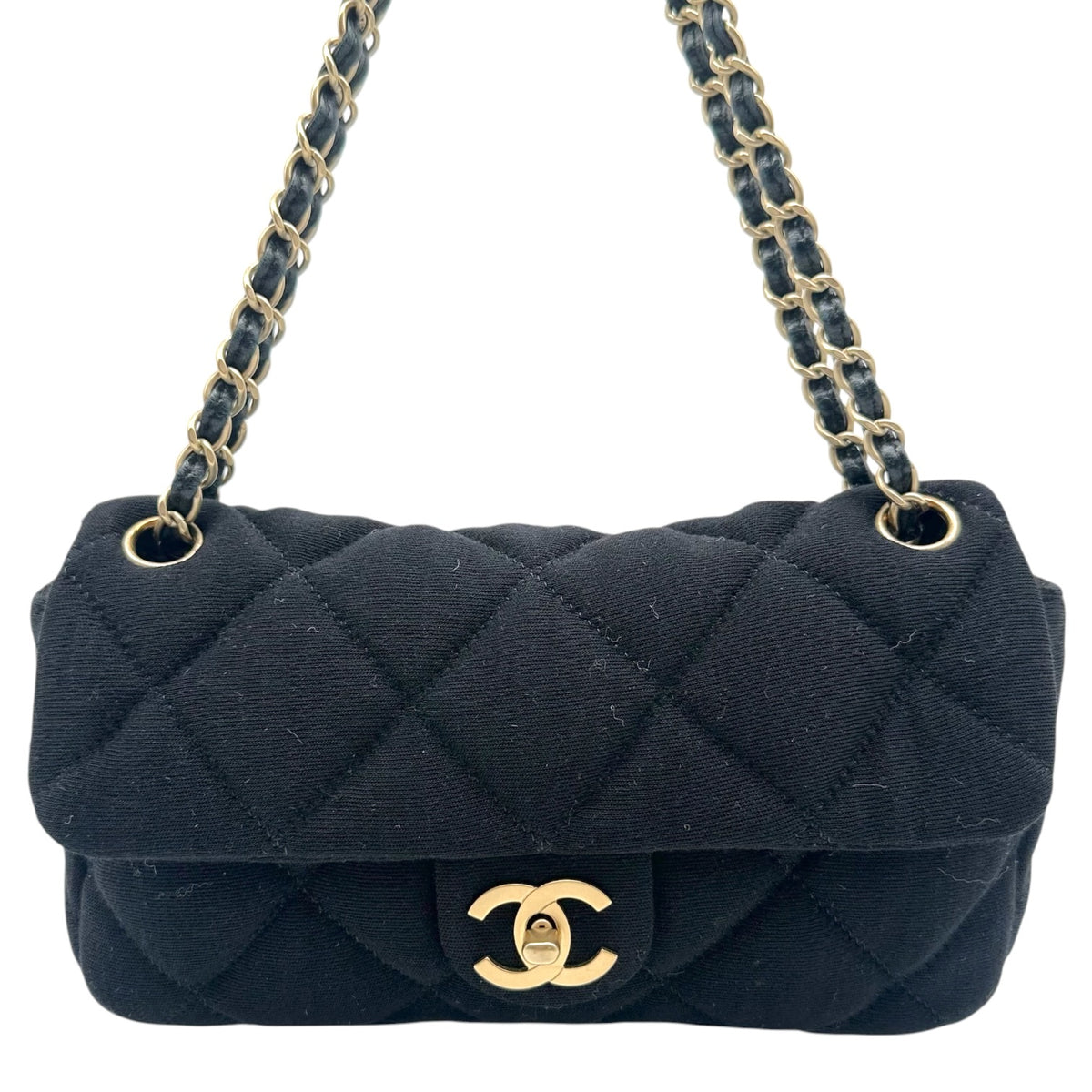 Chanel Small Flap Shoulder Bag Black Gold Quilted Jersey