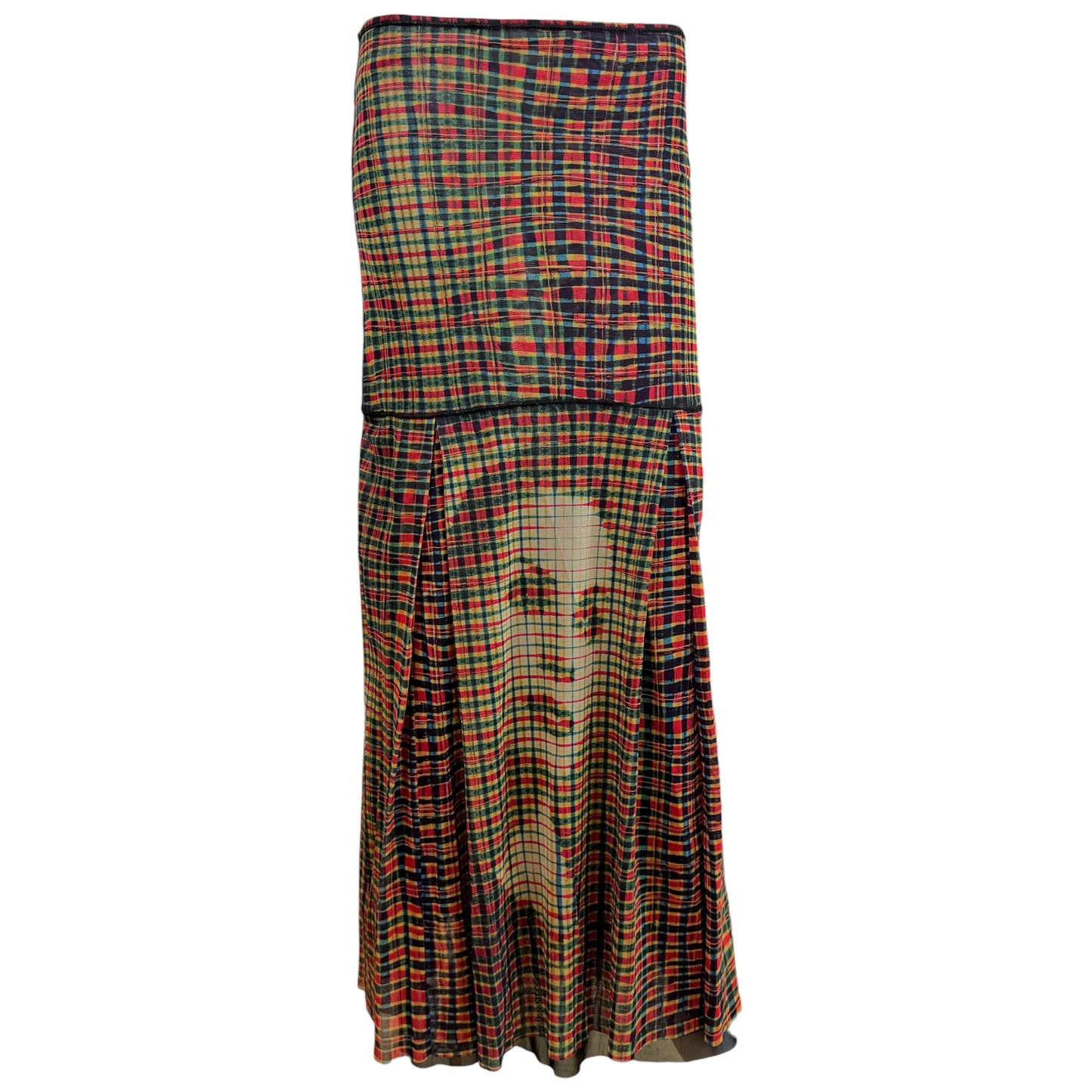Jean Paul Gaultier Multicolor Plaid Face Print Mesh Maxi Skirt