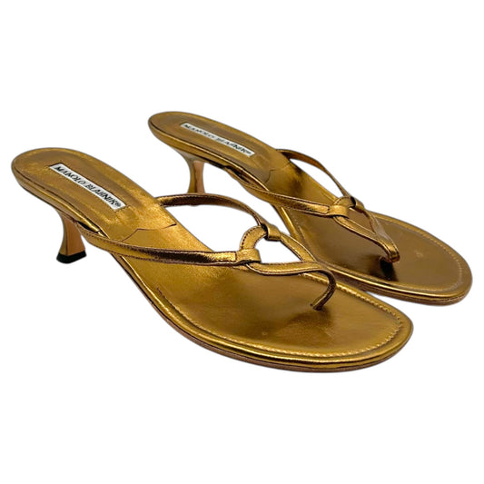 Manolo Blahnik Bronze Leather Kitten Heel Flip Flops
