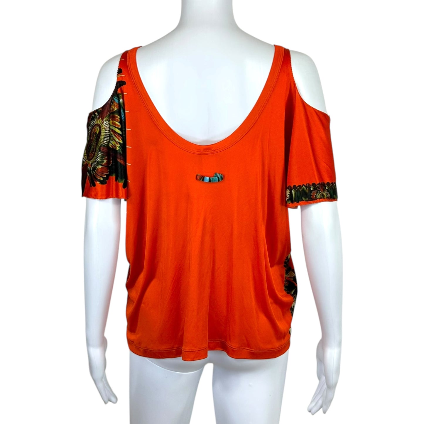 Jean Paul Gaultier Soleil Bright Orange Palm Print Cold Shoulder Top